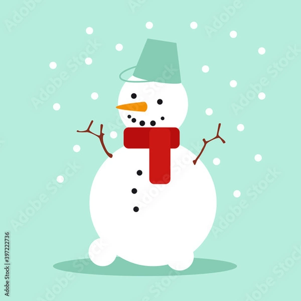Obraz Cute christmas snowman. Funny snow man wearing scarf and pail on a blue background. Vector icon.