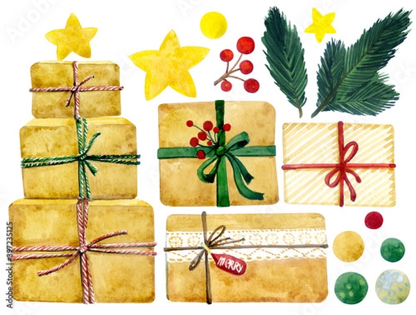 Obraz Watercolor elements. New year gift. Christmas. Boxes, fir branches, stars.
