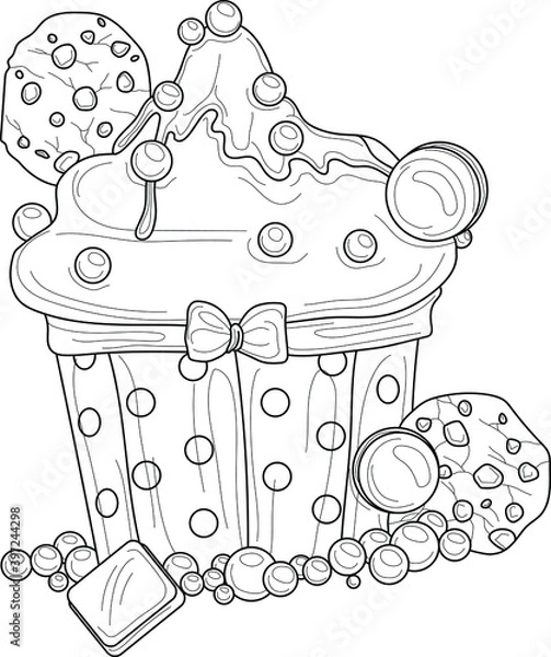 Fototapeta Cartoon cupcakes with cookies, macaroon and sprinkles sketch temlpate. Vector illustration in black and white for games, background, pattern, decor. Print for fabrics. Coloring paper, page, story book