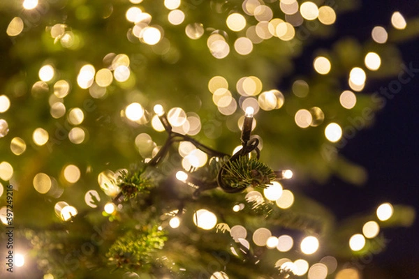 Obraz Lichterkette am Tannenzweig mit Bokeh des Christbaums im Hintergrund