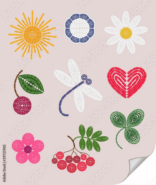 Obraz Embroidery elements set: sun, cherry,  flower, trefoil