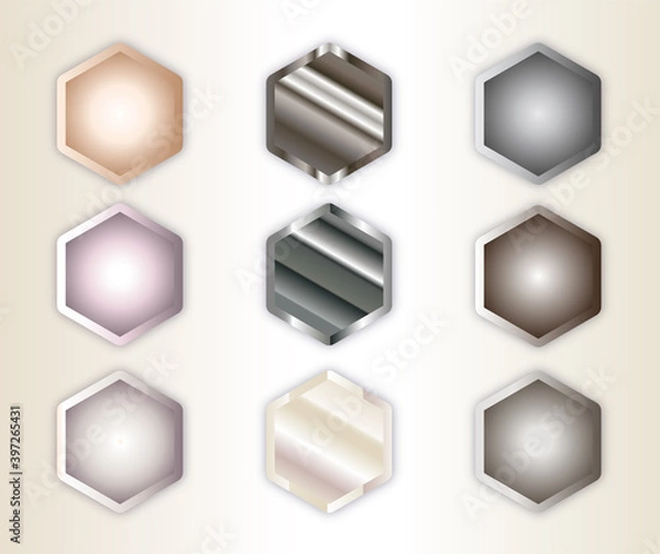 Fototapeta Gold rose, silver, holographic, bronze and golden foil texture gradation background set. Vector shiny hologram and metalic gradient collection for border, frame, ribbon, coin design
