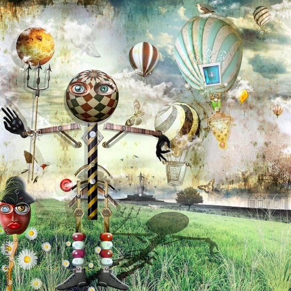 Obraz Scarecrows and doll in the grass