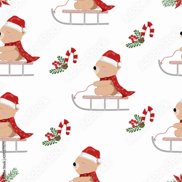 Fototapeta Vector illustration of a bear cub on a sleigh. Holiday vector Wallpaper. Seamless background with Christmas bears on a sleigh on a white background. Vector illustration, cute repeating pattern 