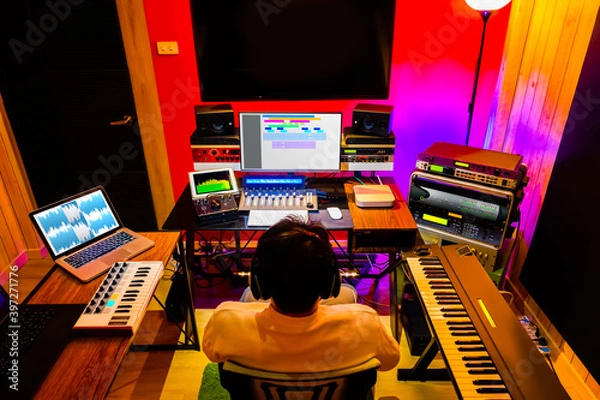 Obraz modern home recording studio showing professional digital audio recording equipment for music production, post production and voiceover acting
