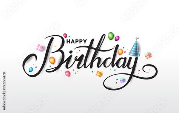 Fototapeta happy birthday typography black color vector design with birthday party element isolated on white background can be use for background, poster and template