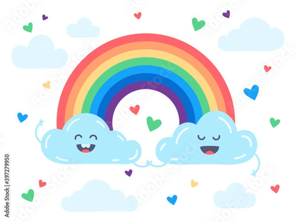 Fototapeta Clouds and rainbow. Smiling cute clouds,  rainbow and hearts in blue sky vector illustration