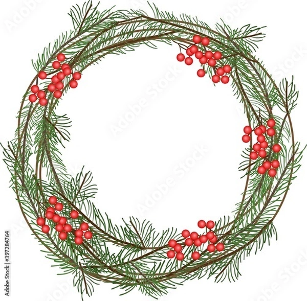 Fototapeta Christmas wreath of fir branches with red berries, simple flat vector illustration