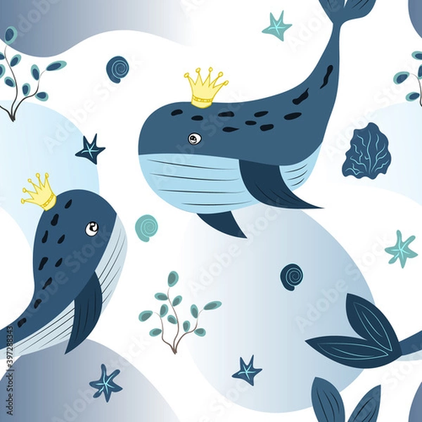 Fototapeta seamless pattern with cute whales - vector illustration, eps