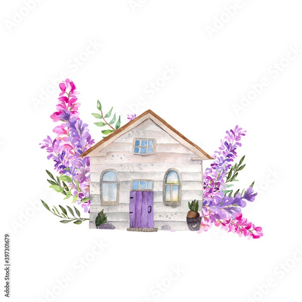Fototapeta Watercolor illustration. Drawing of a house in gray tones with wisteria flowers. Watercolor composition for postcard, design, print