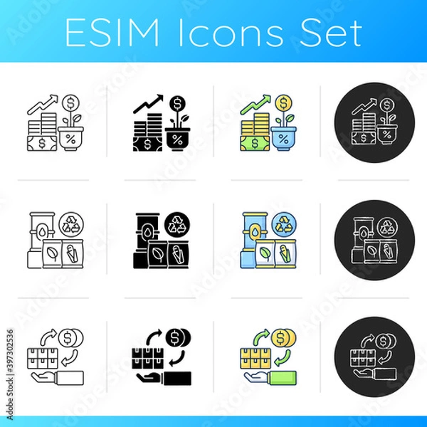 Fototapeta Industrial business icons set. Linear, black and RGB color styles. Profitable entrepreneurship. Financial management, raw materials and wholesale trade. Isolated vector illustrations