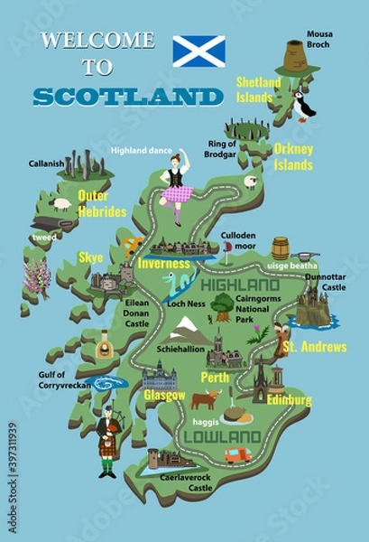 Obraz Cartoon map of Scotland. Icons with Scottish landmarks, famous cultural sites, whiskey. Highland dancer and bagpiper. Castles, National Park, Loch Ness and more.