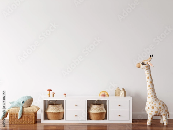 Fototapeta Wall mockup in child room interior. Nursery Interior in scandinavian style. 3d rendering, 3d illustration	