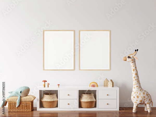 Fototapeta Frame mockup in child room interior. Nursery Interior in scandinavian style. 3d rendering, 3d illustration	