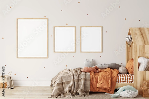 Fototapeta Frame mockup in child room interior. Nursery Interior in scandinavian style. 3d rendering, 3d illustration	