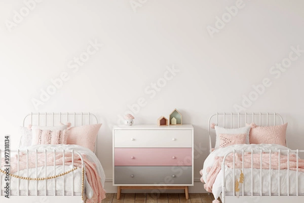 Fototapeta Wall mockup in child room interior. Nursery Interior in scandinavian style. 3d rendering, 3d illustration	