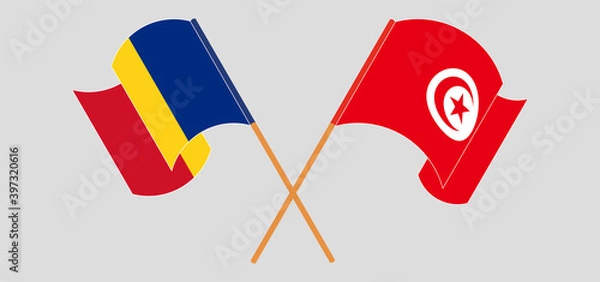Obraz Crossed and waving flags of Romania and Tunisia