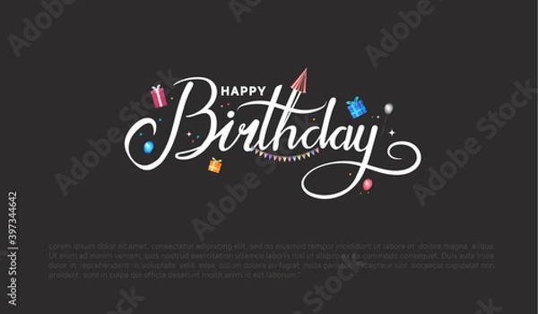 Fototapeta happy birthday typography white color vector design with birthday party element isolated on black background can be use for background, poster and template