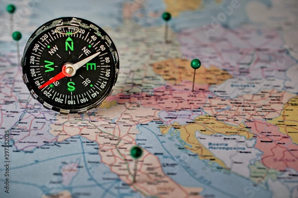 Obraz compass on map, compass and map