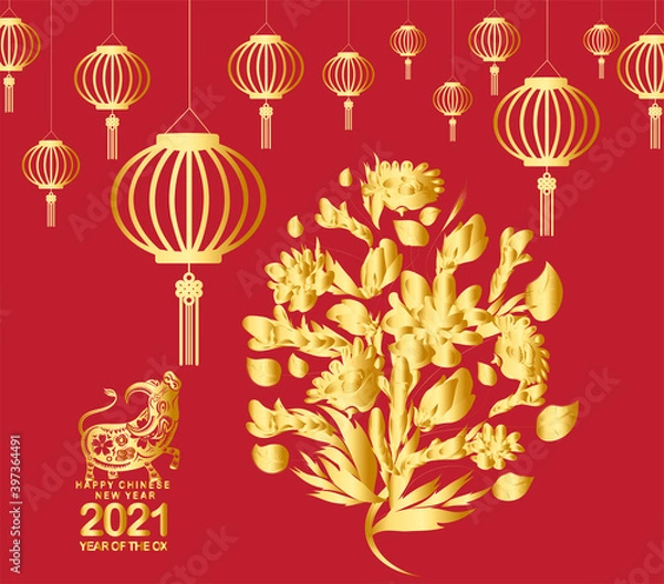 Fototapeta Happy Chinese New Year of the ox 2021 zodiac sign. Luxury gold florals and lanterns on red background for greetings card, invitation, posters, brochure, calendar, flyers, banners
