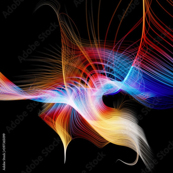 Obraz 3d render of abstract art of surreal fantasy magic mystery background based on curve round twisted spirals glowing bloom lines strings in neon purple yellow  and blue gradient color