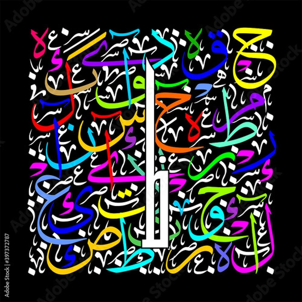 Fototapeta Arabic Calligraphy Alphabet letters or font in long kufic style, Stylized White and Red islamic
calligraphy elements on colored thuluth background, for all kinds of religious design