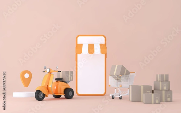 Fototapeta 3D Online express delivery service concept, fast response delivery by scooter, courier Pickup, Delivery, Online Shipping Services. 3d Rendering.