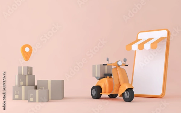Fototapeta 3D Online express delivery service concept, fast response delivery by scooter, courier Pickup, Delivery, Online Shipping Services. 3d Rendering.