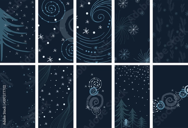 Fototapeta Winter Social Media stories Layout. Vector set of christmas template in abstract style for womenly profile, social media, mobile app. Winter story with christmas tree, snow, snowflake, abstract shape