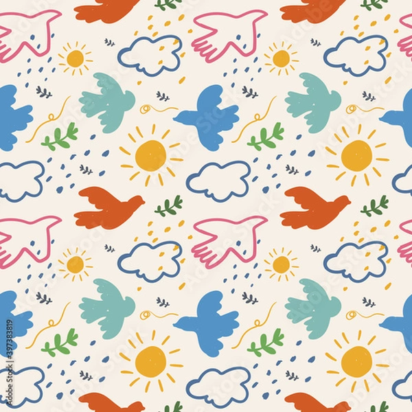 Fototapeta Seamless pattern hand drawn Birds, cloud, sun, leaf. Background, Wallpaper, wrapping paper, textile, print. Trendy Vector illustration. Square Seamless pattern.