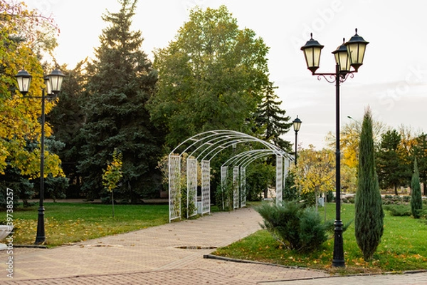 Fototapeta Walkway in the city's public Park. Beautiful white metal arch, lots of greenery, trees and conifers around, lawn grass along the edge, benches and lanterns. The road is tiled