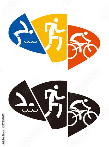 Fototapeta 
Triathlon logo, emblem.
Illustration of colorful and black icon with triathlon athletes. Vector available.
