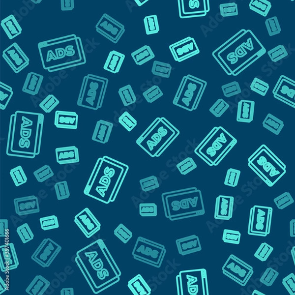 Fototapeta Green line Advertising icon isolated seamless pattern on blue background. Concept of marketing and promotion process. Responsive ads. Social media advertising. Vector.