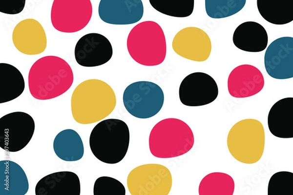 Fototapeta Abstract background pattern made with colorful, circular, organic geometric shapes. Modern, playful and simple vector art in yellow, red, blue and black colors.