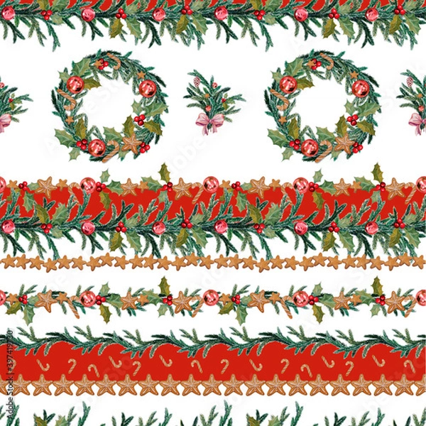 Obraz Seamless pattern with traditional christmas and new year decorations, ginger bread, wreath, garlands and stripes. Hand painted watercolor illustration for interior textile, wrapping paper and clothes