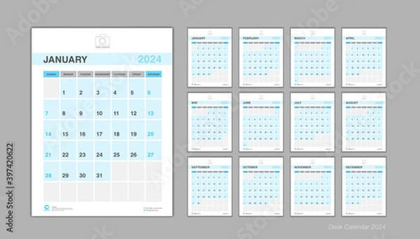 Fototapeta Calendar 2024 template Vector, Desk calendar 2024 design, Week Start On Sunday, Planner, Stationery, wall calendar, simple and clean design, Printing, advertisement, organization and business