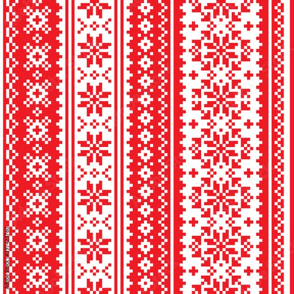 Fototapeta Christmas Scandinavian vector seamless pattern - red and white festive knitting, cross-stitch vertical oriented design with snowflakes