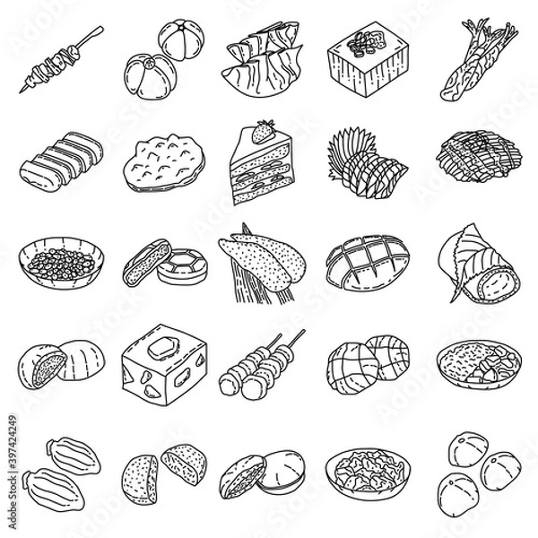 Fototapeta Japanese Food Set Icon Vector. Doodle Hand Drawn or Outline Icon Style