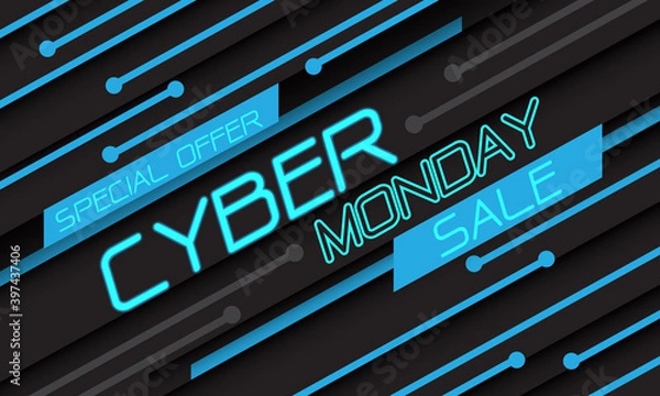 Fototapeta Cyber Monday sale special offer blue light circuit geometric technology on black design modern futuristic vector background illustration.