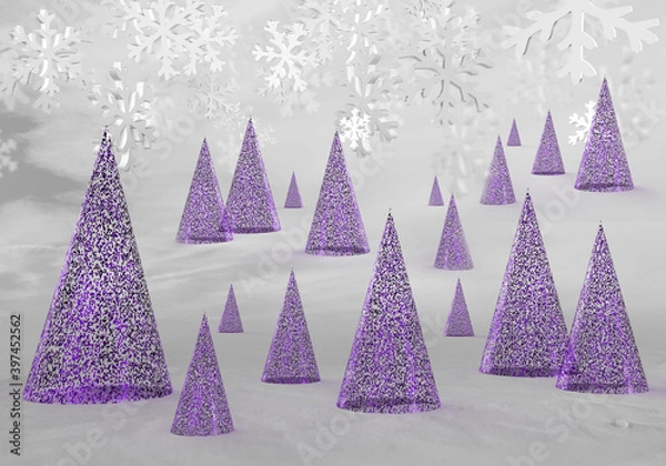Fototapeta Abstract purple christmas trees on a background of snowflakes.