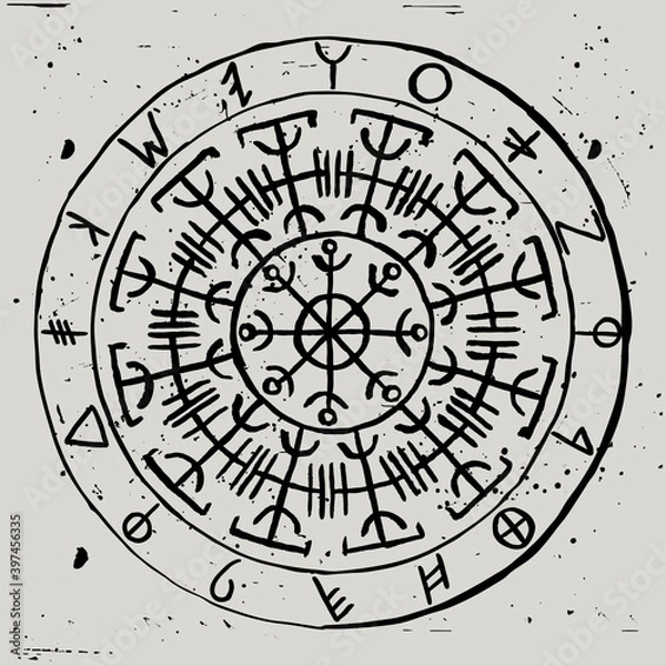 Fototapeta Vector Galdrastafir. Ancient protective symbol with Phoenician runes in a circle