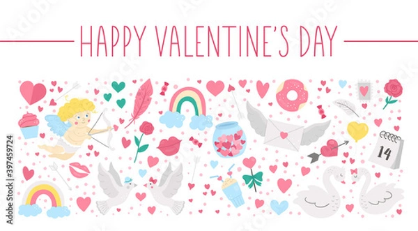 Obraz Vector horizontal set with Saint Valentine’s day elements. Traditional love concept frame. Funny design for banners, posters, invitations. Cute romantic February holiday card template..