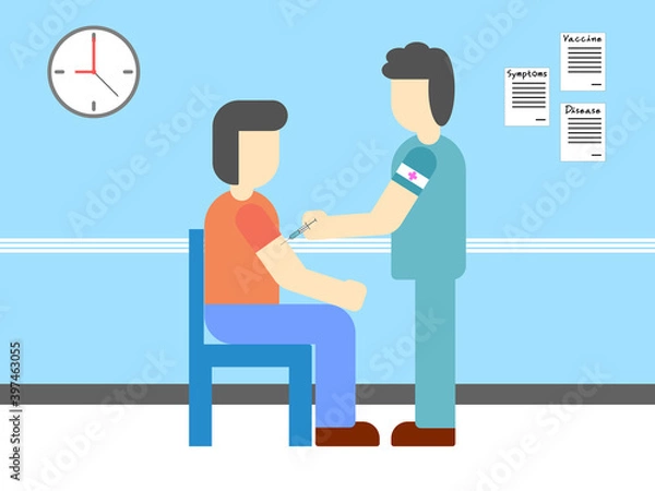 Fototapeta Doctor is injecting covid19 vaccine for patient in hospital. A man is volunteer for testing covid19 vaccine in laboratory for research and develop antivirus.