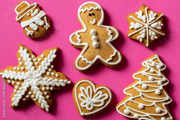 Fototapeta pink red biscuit gift background new year cookies top view copy space