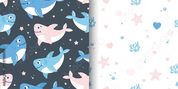 Fototapeta A set of two cute seamless patterns with sharks and sea objects.