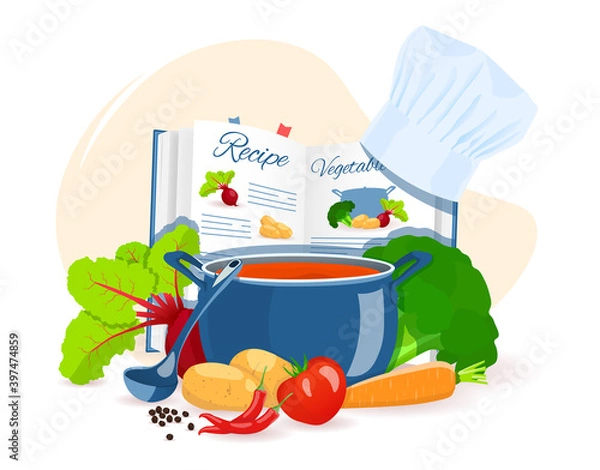 Fototapeta Recipe book, pan with soup, vegetables. Recipes, homemade food, food preparation, learning concept. Isolated vector illustration for flyer, poster, banner.