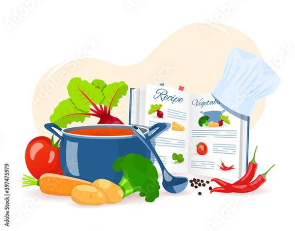 Obraz Recipe book, pan with soup, vegetables. Recipes, homemade food, food preparation, learning concept. Isolated vector illustration for flyer, poster, banner.