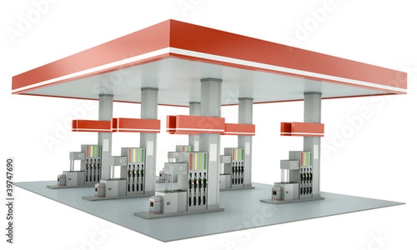 Fototapeta Gas station isolated on white background. 3D render