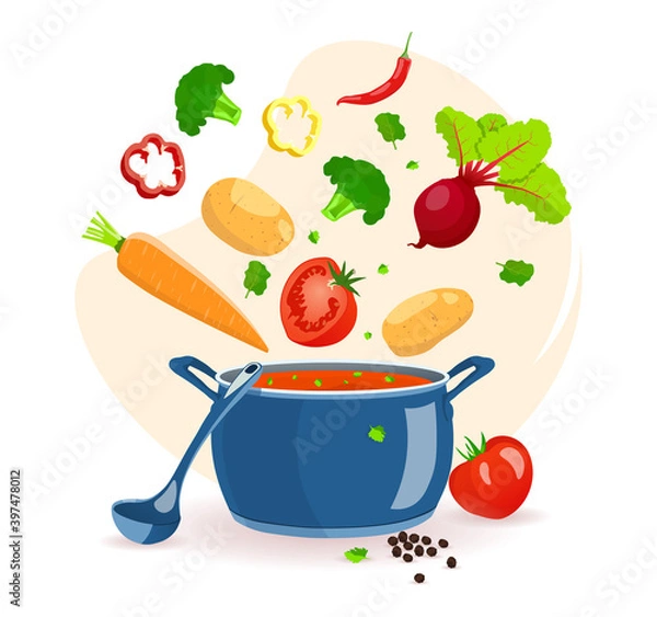 Fototapeta Recipe book, pan with soup and vegetables. Recipes, homemade food, food preparation, learning concept. Isolated vector illustration for flyer, poster, banner.