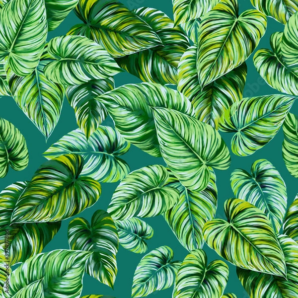 Fototapeta Seamless pattern with variegated leaves of philodendron. Green leaves on a emerald green background. Endless tropical exotic illustrations